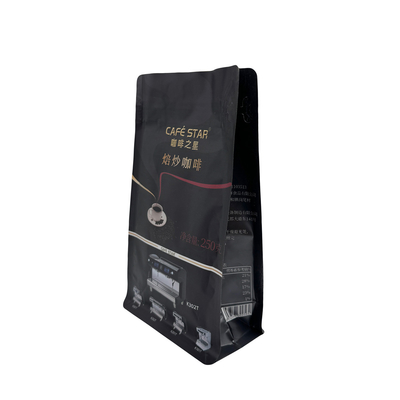 satın al Lüks siyah alüminyum folyo kaplı 250g 8 taraflı mühürlü Düz Kutu Alt Kâfe Torbaları Valve ve Rip Zipper ile online manufacture