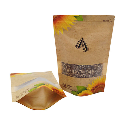satın al Su geçirmez yeniden kilitlenebilir Ziplock Kraft Pencereli Ayağa Kalk Çantaları Güneşböceği Tohumu Fındıkları Gıda Paketleri online manufacture