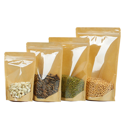 satın al 4.7x7.9 inç Plastik Açık Ön Kahverengi Kraft Arka Yeniden Kapatılabilir Kalk Ziplock Cüzdan Çantaları Gıda Paketleri için Doypack online manufacture