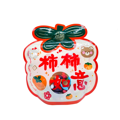 Custom Orange Persimmon Shape Printed Zip Lock Stand Up Bags with Clear Window and Bottom for Packaging Kids Snacks (Küçükler için atıştırmalıklar paketlemek için açık pencere ve alt kısmı olan özel portatif portatif portatif zip kilidi)