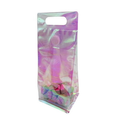 Custom Holografik Cüzdan Pembe Gökkuşağı Açık Düz Altı Duracak Çantalar Şekerlik Aksesuarı için Yeniden Kapanabilir Yapışkan Düğmeyle