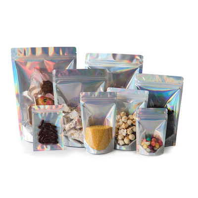 4.7x7.9 inç yeniden kilitlenebilir Mylar Holografik Ziplock Folyolar Şeker Kahve Gıda Paketleri İçin Ayağa Kalkan Çantalar